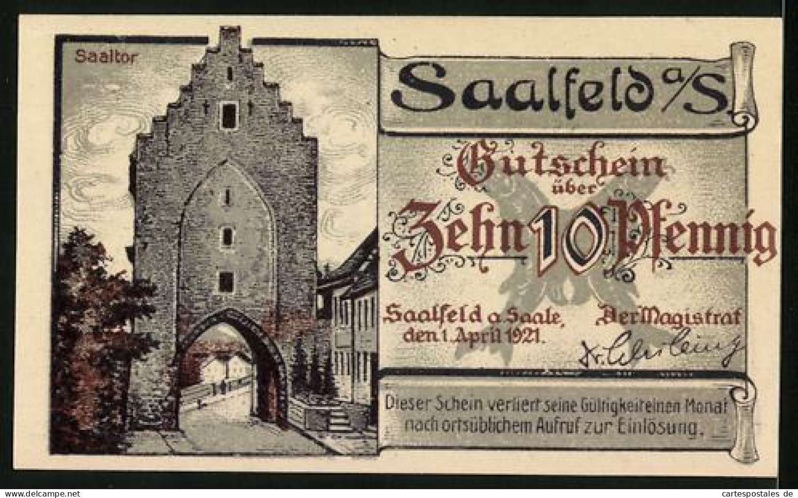 Notgeld Saalfeld A. S. 1921, 10 Pfennig, Brücke Und Kulm  - [11] Local Banknote Issues