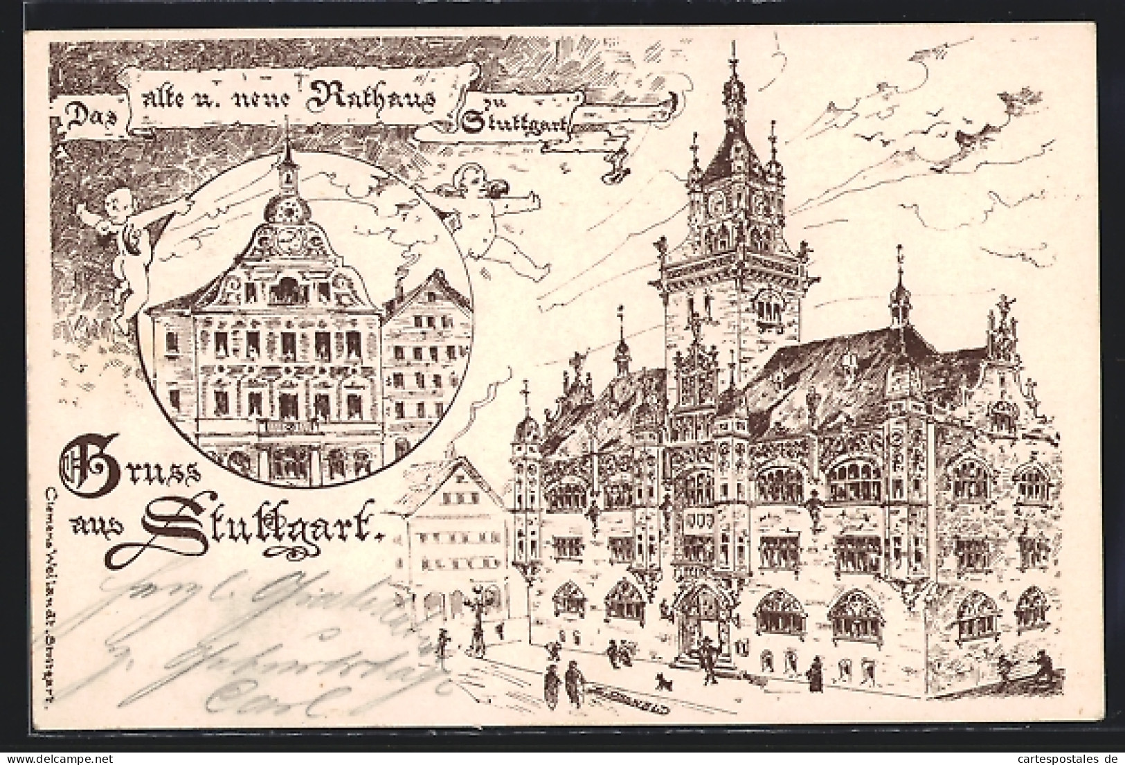 Lithographie Stuttgart, Altes Und Neues Rathaus  - Stuttgart