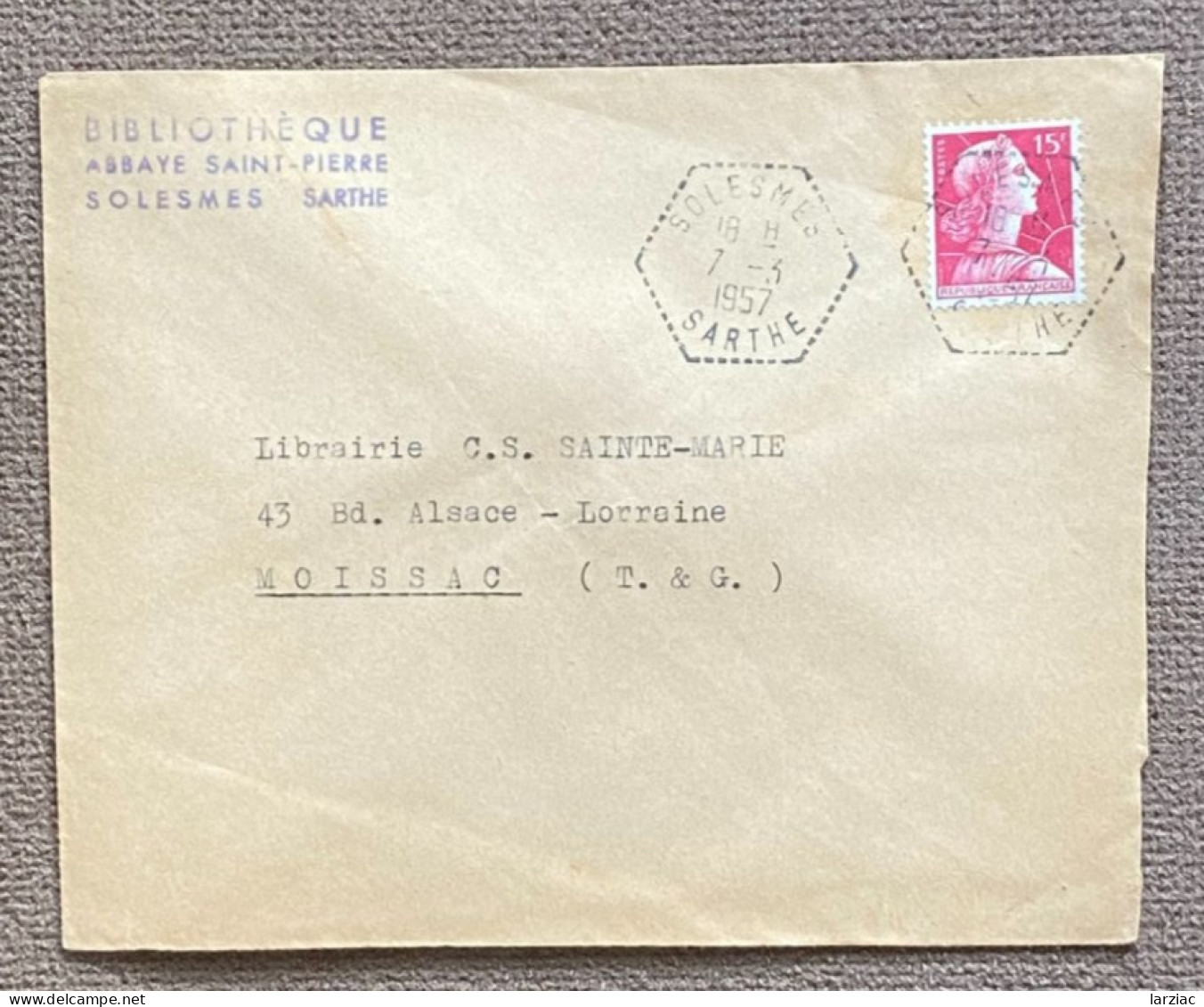 Enveloppe Affranchissement Type Muller Oblitération Recette Auxiliaire Solesmes Sarthe 1957 - 1921-1960: Modern Tijdperk