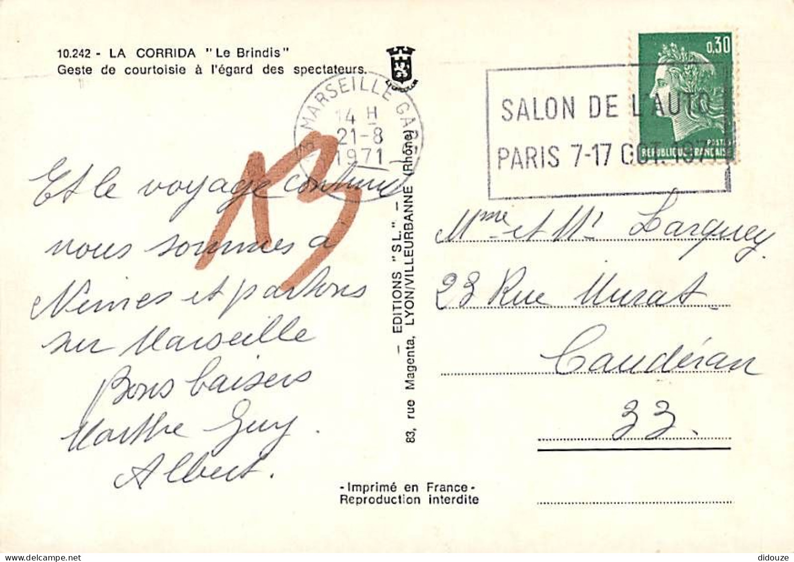 Corrida - Le Brindis - Geste De Courtoisie à L'égard Des Spectateurs - Flamme Postale Du Salon De L'Auto 1971 - CPM - Vo - Corrida