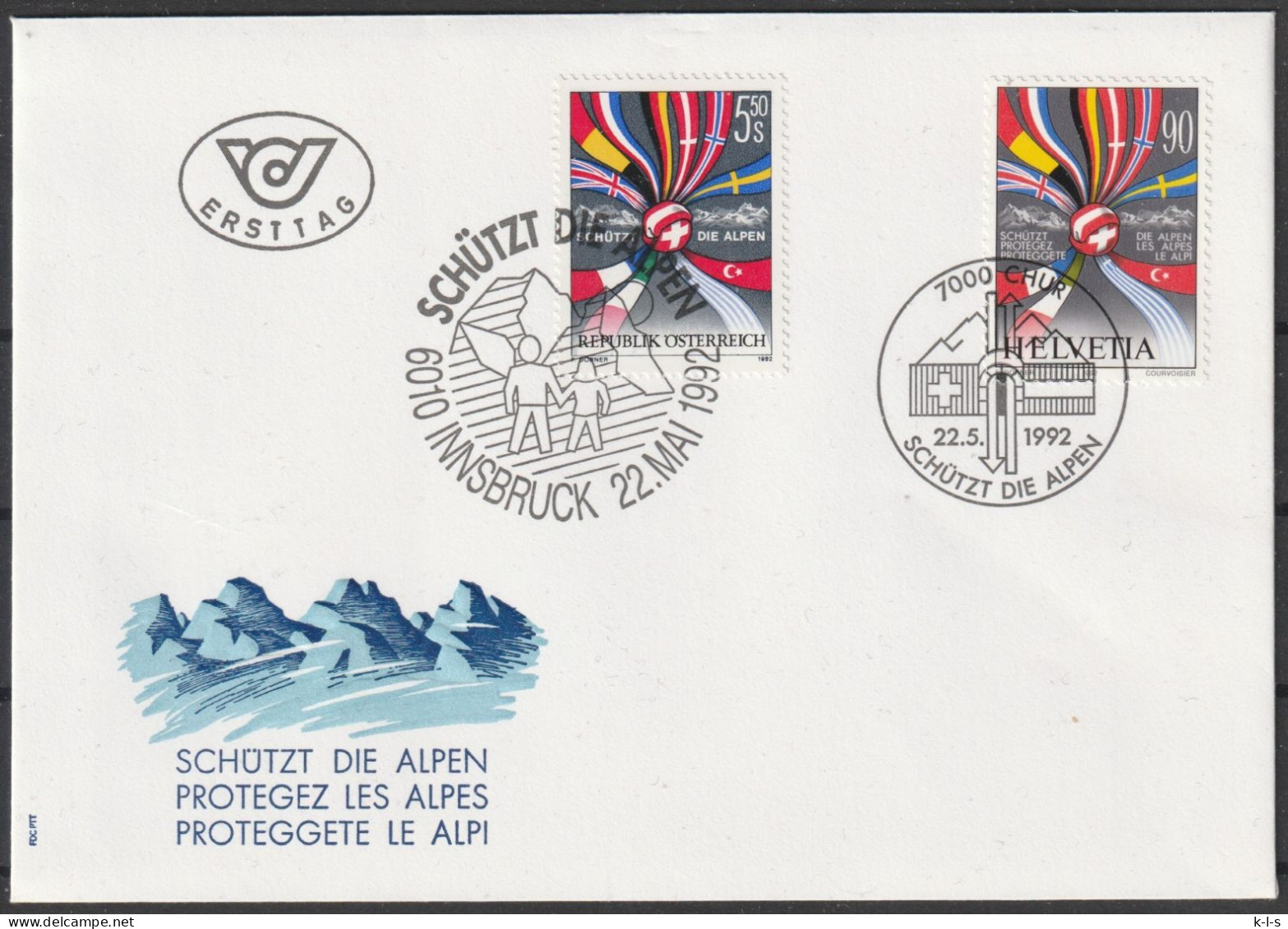 Schweiz: 1992, FDC Blankobrief, Mi. Nr. 1477, Schütz Die Alpen, Mit Parallelausgabe Österreich Mi. Nr. 2065. - FDC