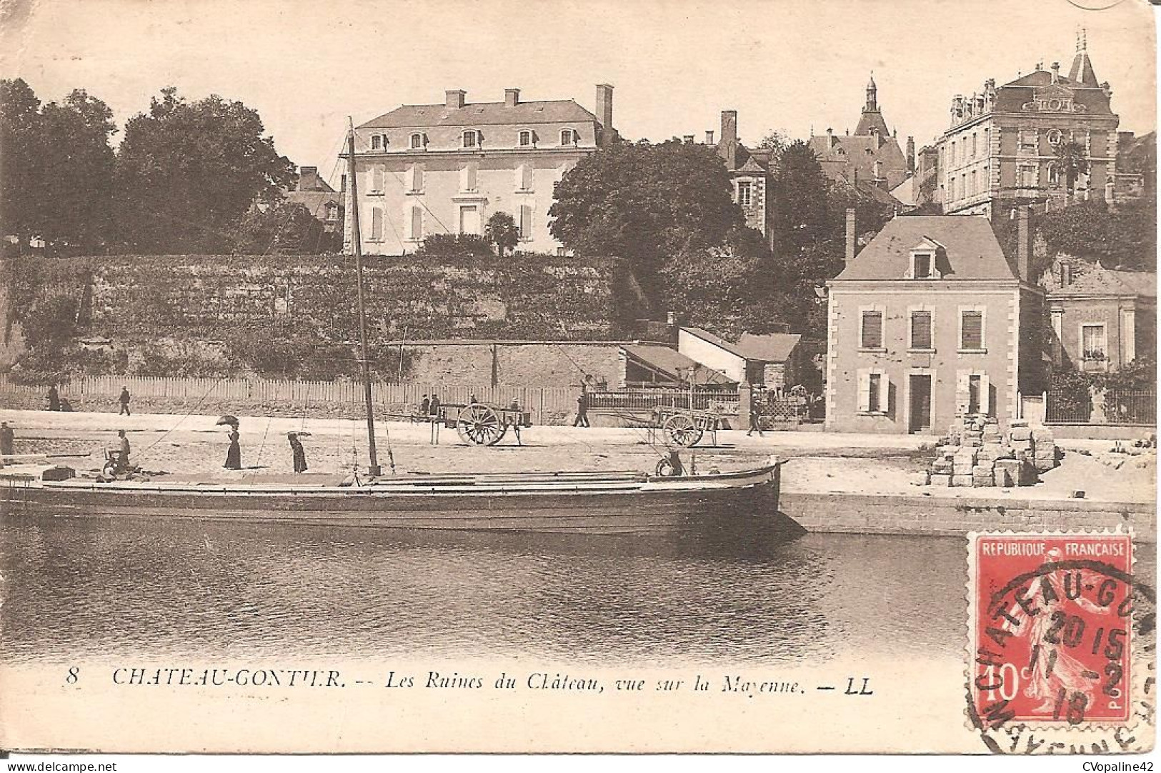 PENICHE - CHATEAU-GONTIER (53) Les Ruines Du Château - Vue Sur La Mayenne En 1918 - Péniches