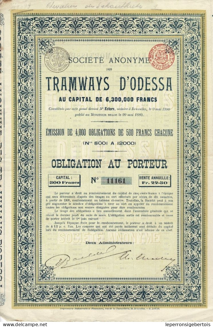 - Obligation De 1899 - Société Anonyme Des Tramways D' Odessa - N° 11161 - Spoorwegen En Trams