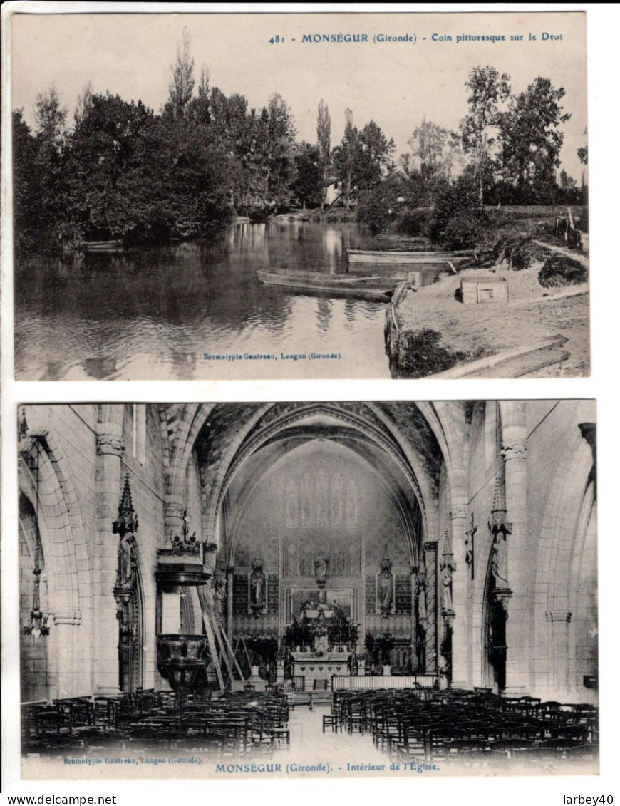 33 - MONSEGUR  Gironde Coin Pittoresque Sur Le Drot - Interieur De L Eglise - 2 Cartes Postales Ancienne - Autres & Non Classés