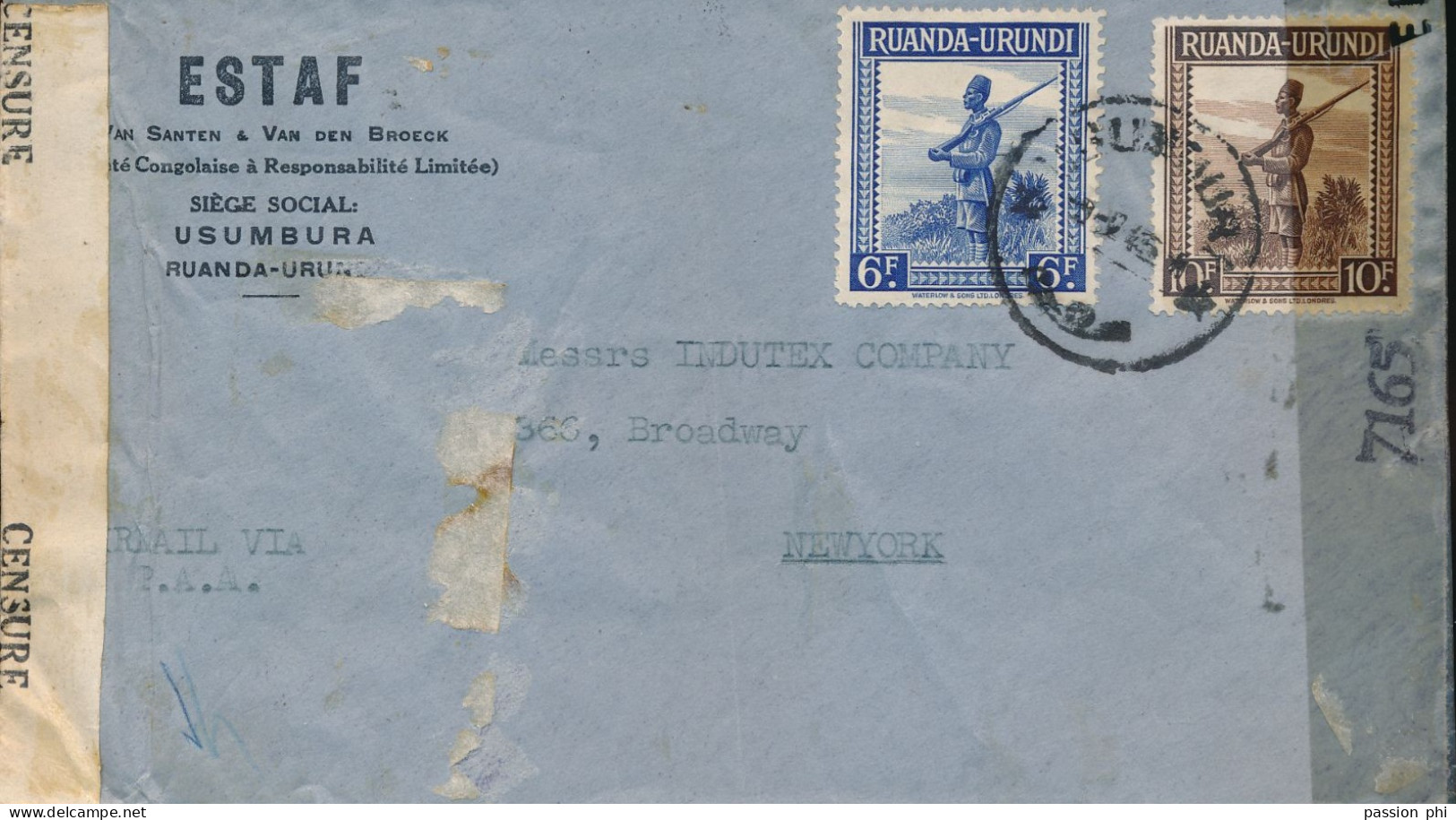 RUANDA URUNDI LETTRE CENSUREE D'USUMBURA 1945 VERS NY - Covers & Documents