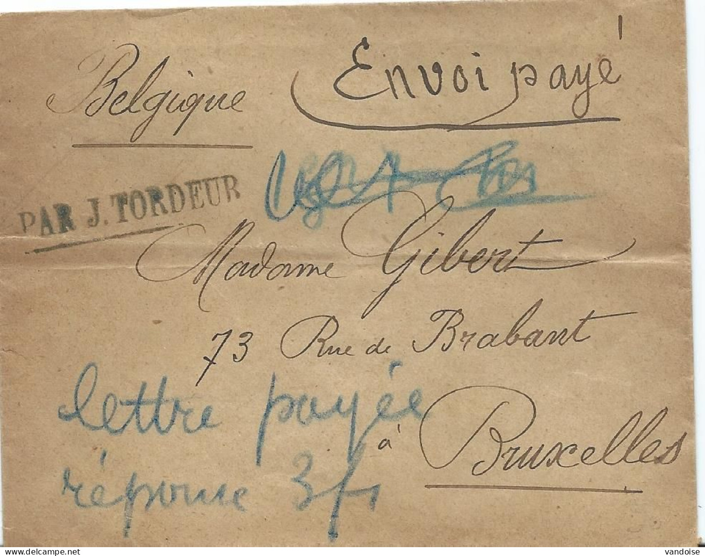 LETTRE AVEC CACHET LINEAIRE PAR J TORDEUR ET MENTION MANUSCRITE ENVOI PAYE - Other & Unclassified