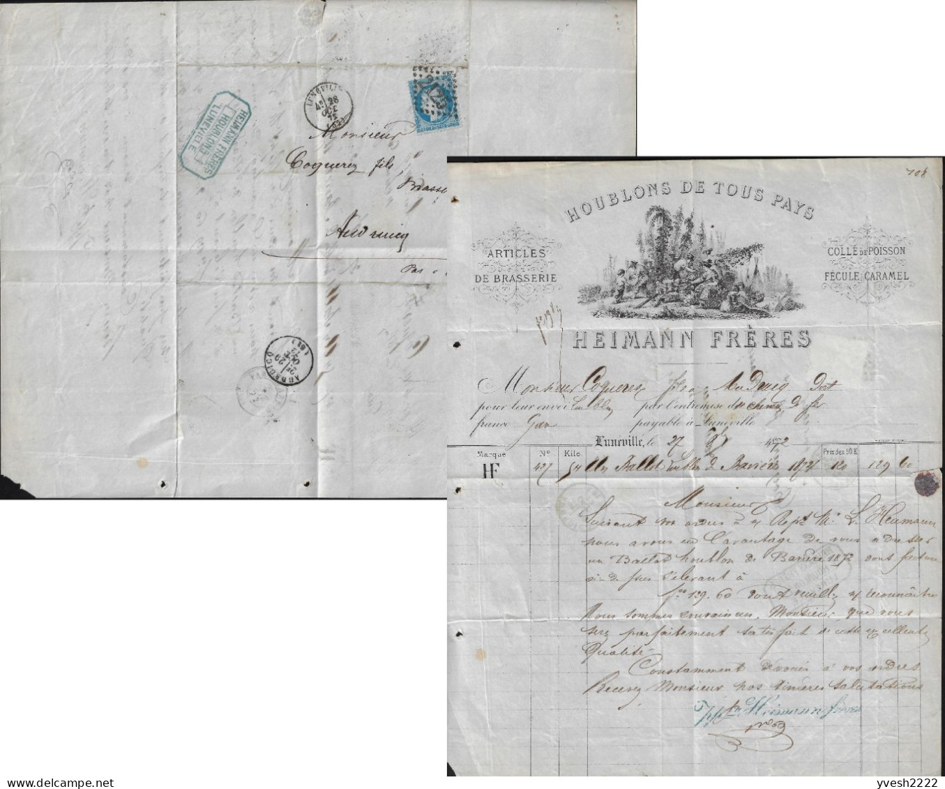 France 1872. Lettre Lunéville à Audruicq. Houblons De Tous Pays, Articles De Brasserie, Colle De Poisson, Fécule Caramel - Beers