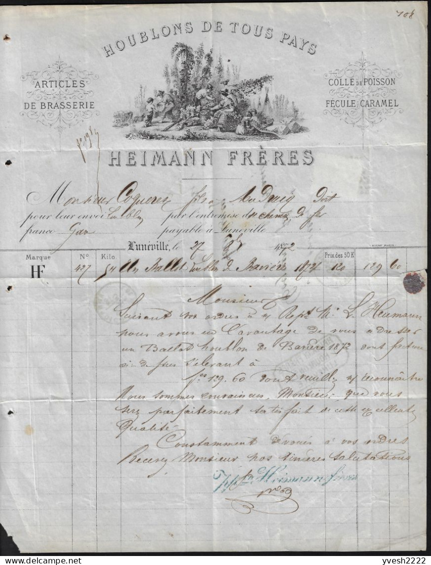 France 1872. Lettre Lunéville à Audruicq. Houblons De Tous Pays, Articles De Brasserie, Colle De Poisson, Fécule Caramel - Bières