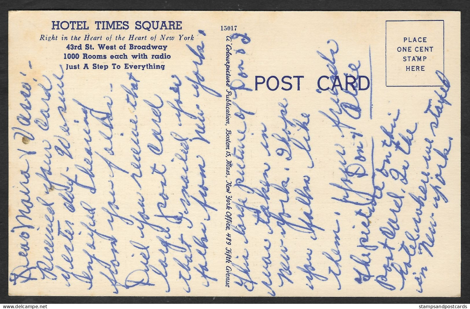 United States US 1952 New York NY Hotel Times Square Linen Postcard Carte Postale Etats-Unis - Bares, Hoteles Y Restaurantes