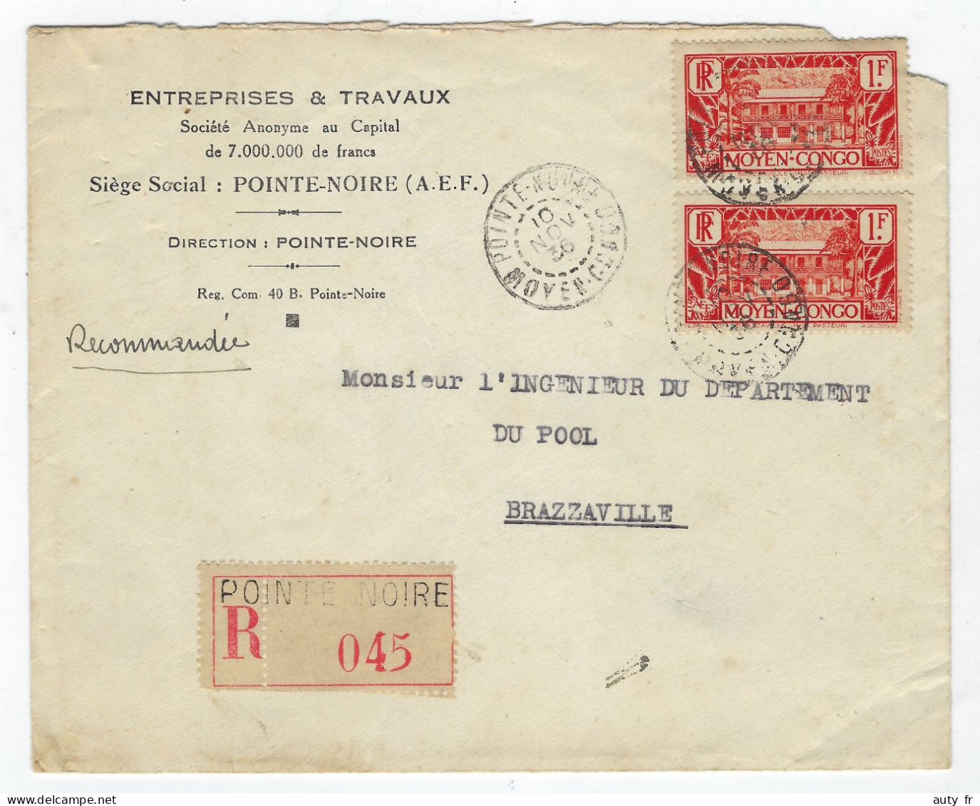 Lettre Recommandée De POINTE-NOIRE Moyen Congo Pour Brazzaville 1936 - Brieven En Documenten
