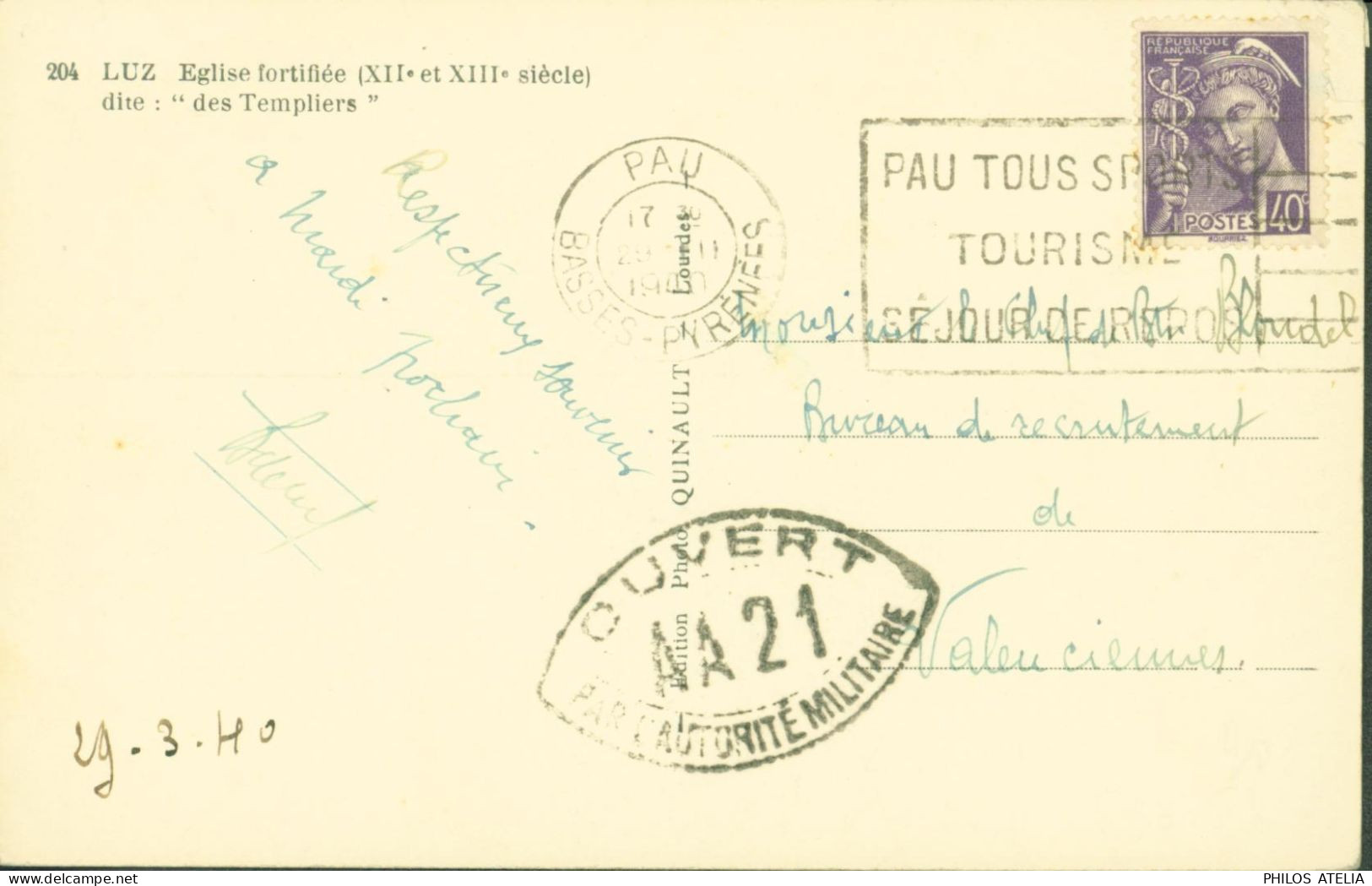 Guerre 40 CPA Luz YT Mercure N°413 CAD + Flamme Pau 20 II 40 Censure Cachet AA21 = Lille - Guerre De 1939-45