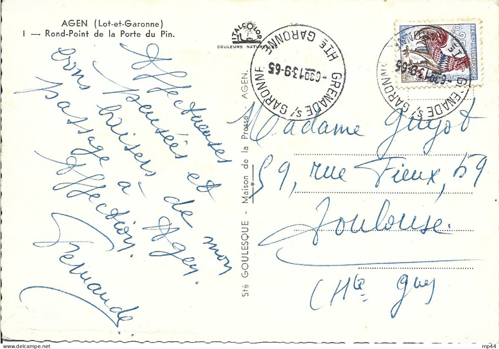 22L7 --- 31 GRENADE S/ GARONNE Horoplan Coq A5 Bis 1965 - Handstempel