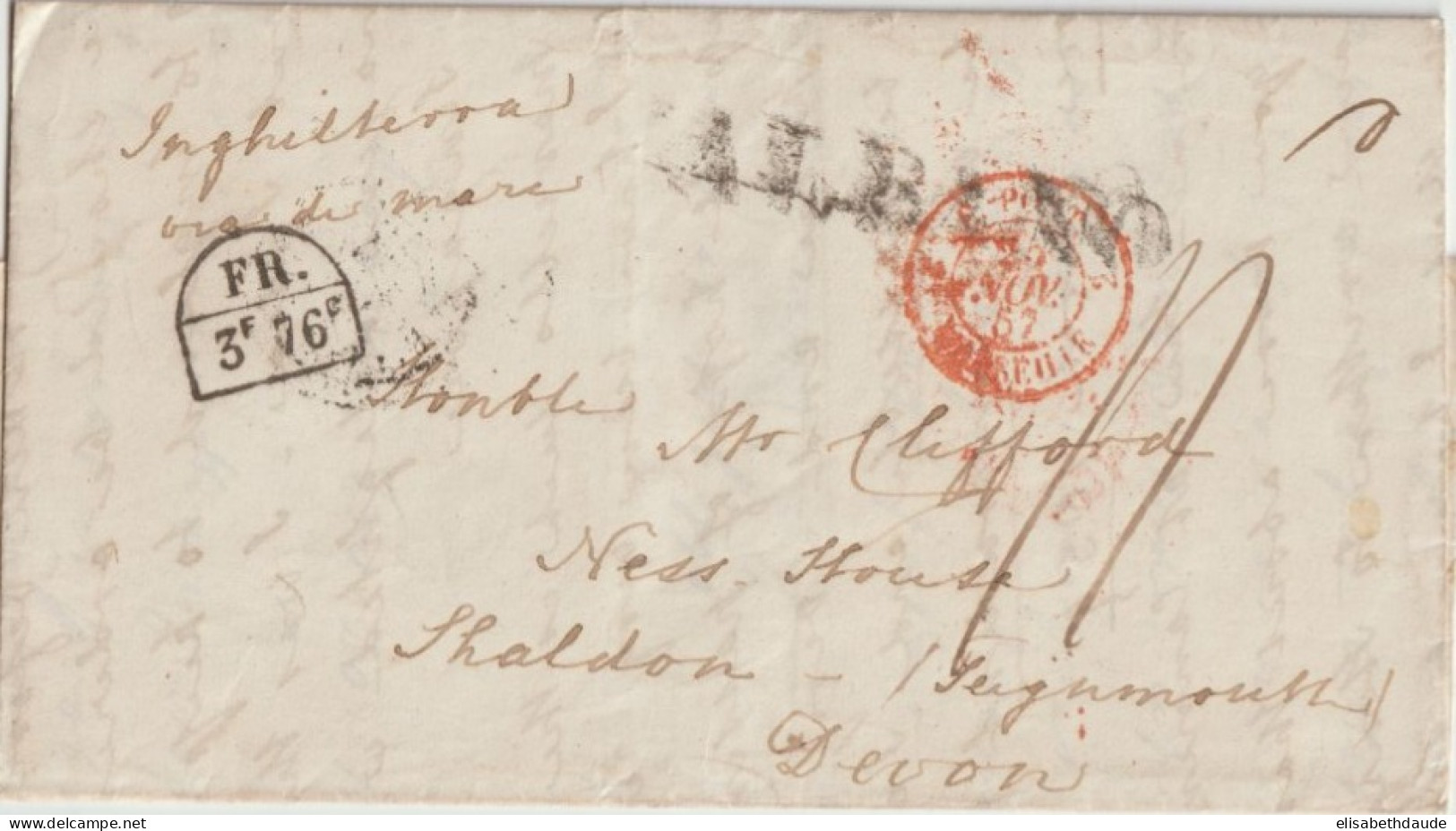 1857 - LETTRE De ALBANO (ETATS PONTIFICAUX) ! ENTREE E-PONT MARSEILLE ! => DEVON (ANGLETERRE) - MARQUE ECHANGE FR 3F76c - Poste Maritime