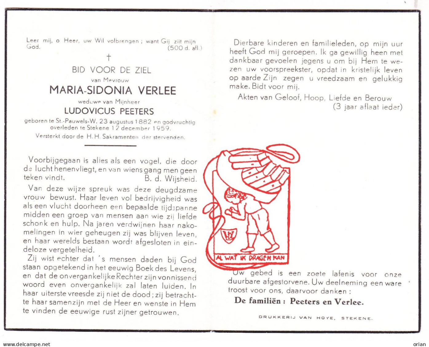 DP Maria Sidonia Verlee ° Sint-Pauwels Sint-Gillis-Waas 1882 † Stekene 1952 X Ludovicus Peeters - Images Religieuses
