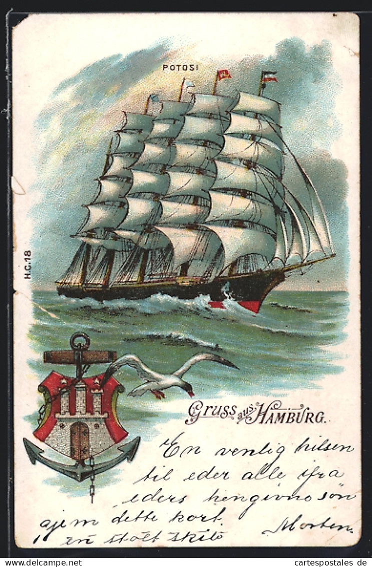 Lithographie Hamburg-Wappen Und Segelschiff Potosi  - Voiliers