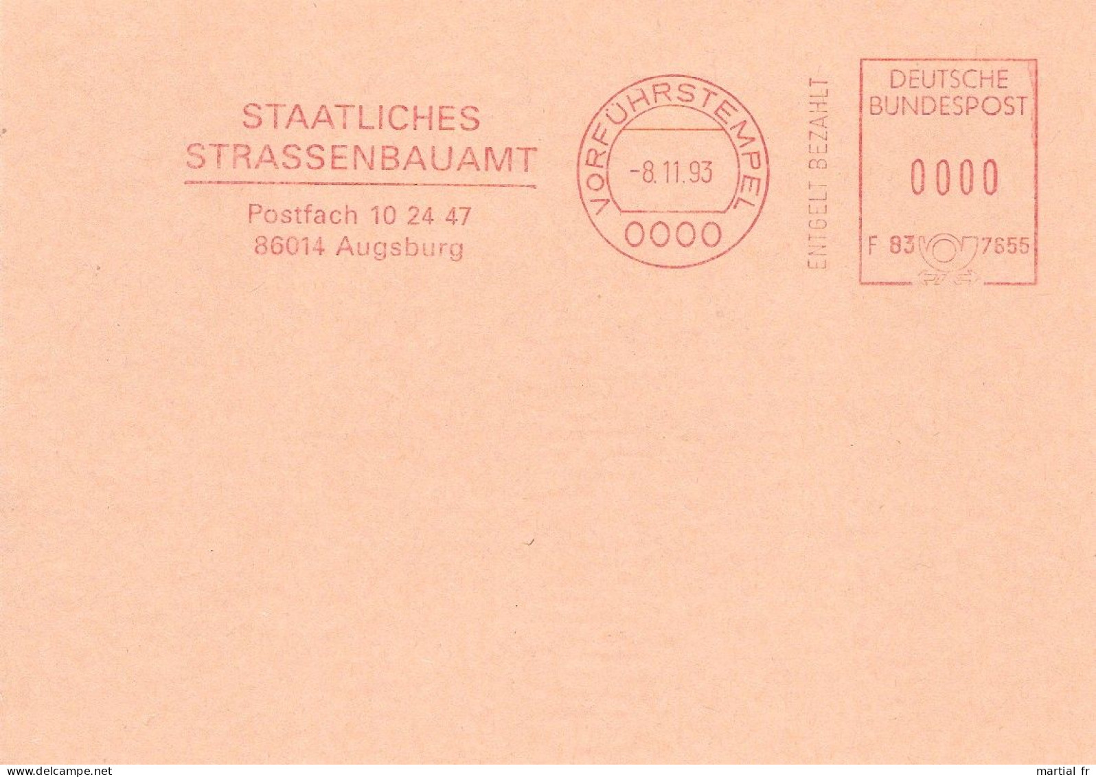 EMA SPECIMEN ALLEMAGNE DEUTSCHLAND GERMANY Construction Route Chaussee STRASSEN BAU ROAD AUGSBURG - Autres (Terre)