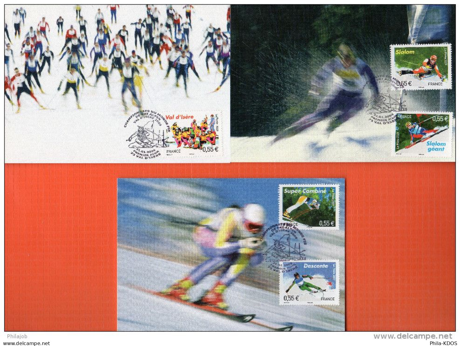 2009 " CHAMPIONNATS DU MONDE DE SKI A VAL D'ISERE " Sur 3 Cartes Maximum. N° YT 4329 à 4333. Parfait état. CM à Saisir ! - 2000-2009