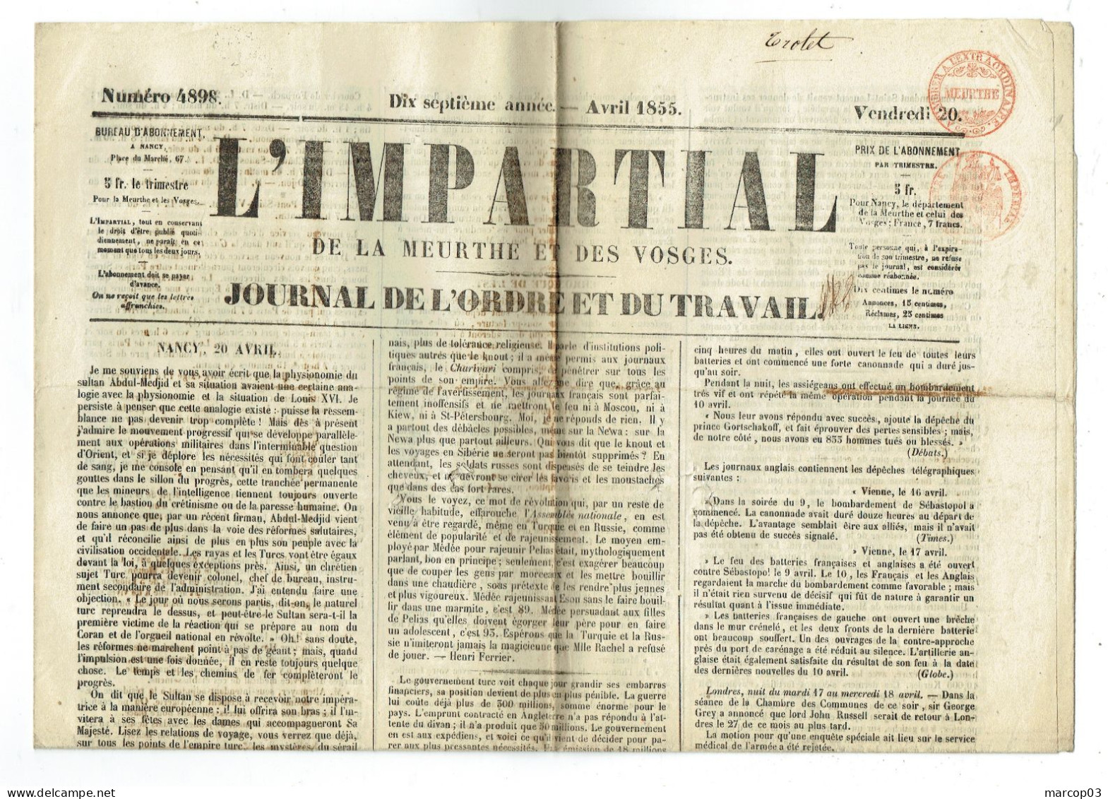 54 MEURTHE ET MOSELLE NANCY L'Impartial Du 20/04/1855 Droit Fiscal/postal De Timbre De 3 C Rouge Journal Complet SUP - Newspapers