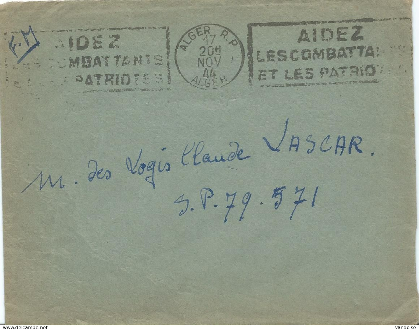LETTRE 1944 AVEC OBLITERATION MECANIQUE ALGER AIDEZ LES COMBATTANTS ET LES PATRIOTES - Brieven En Documenten