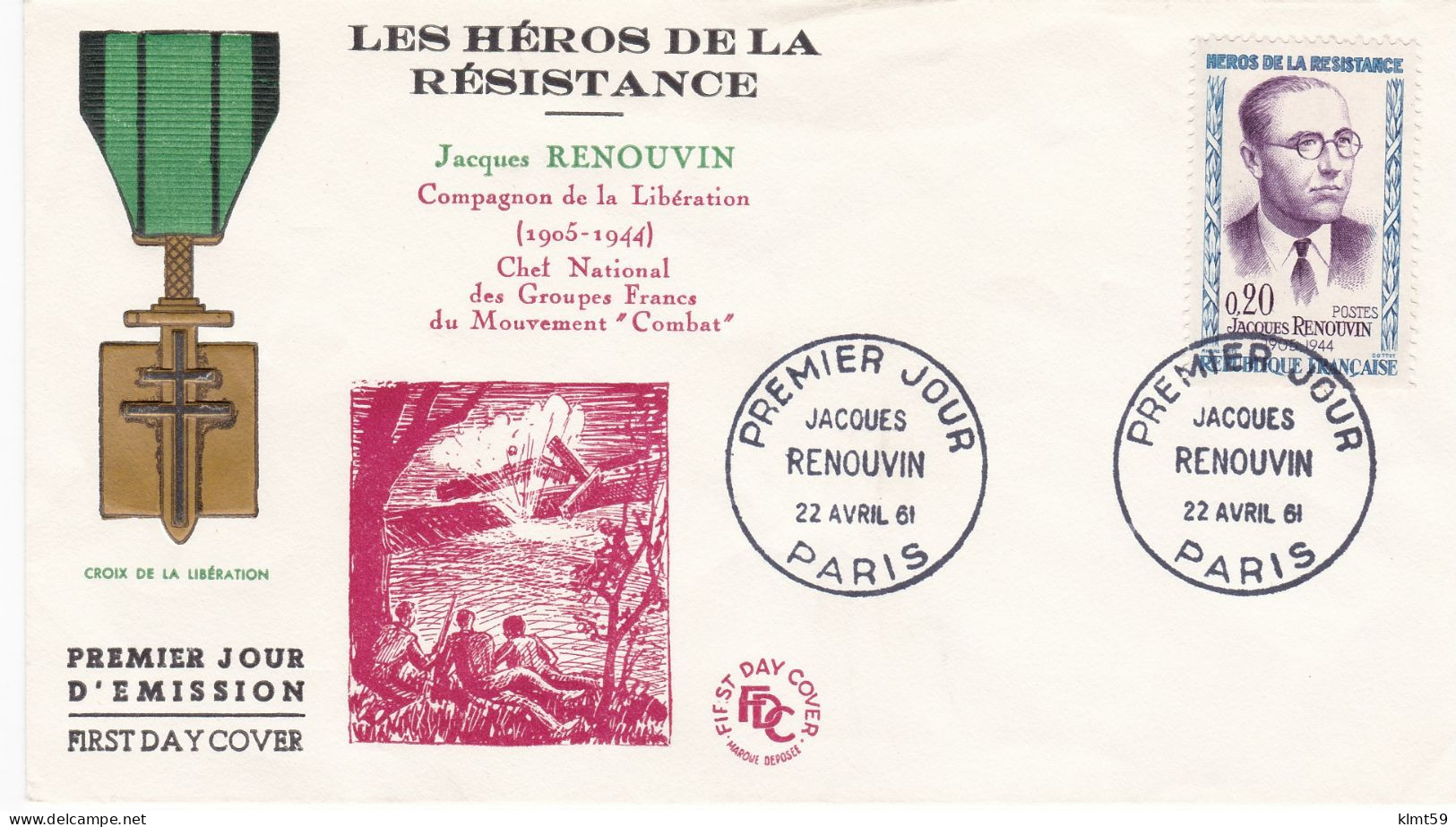 Enveloppe Premier Jour Les Héros De La Résistance Jacques Renouvin 1961 Paris - 1990-1999