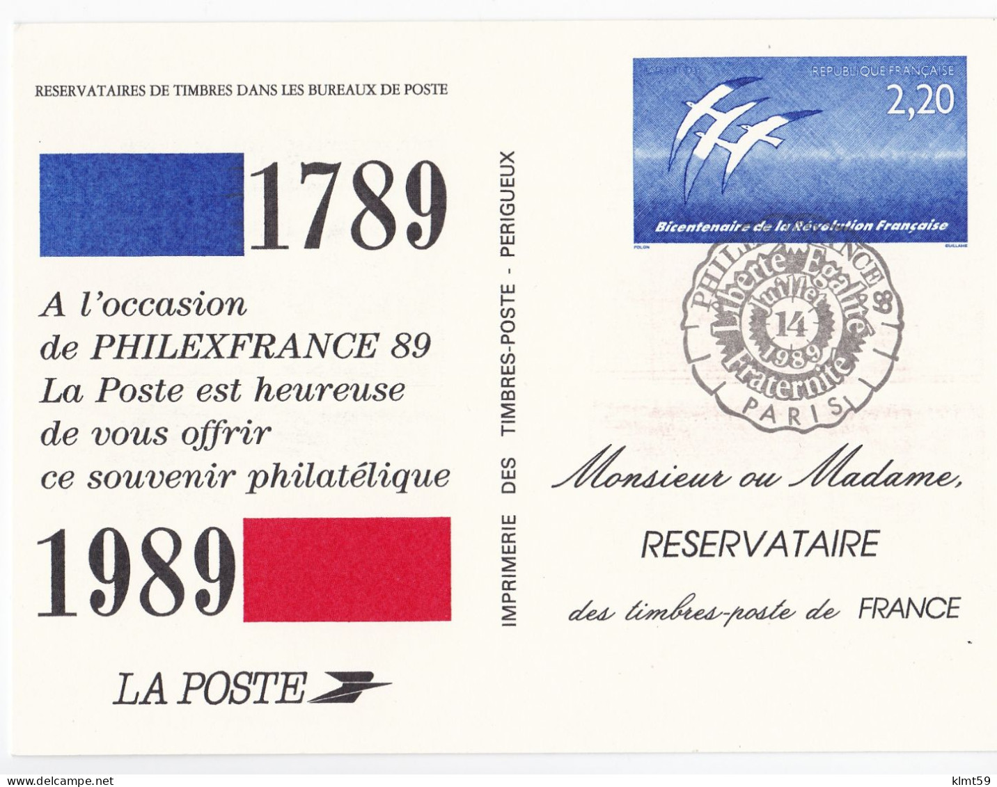 Carte Souvenir Philatélique Du Timbre Bicentenaire De La Révolution Française La Poste 1989 - Documenten Van De Post