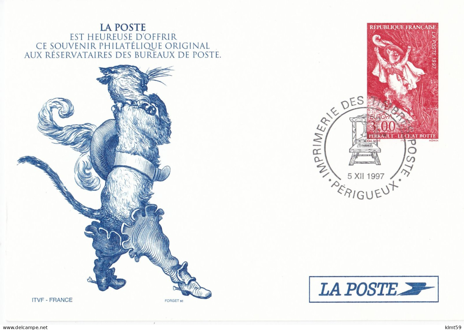 Carte Souvenir Philatélique Du Timbre Perrault Le Chat Botté La Poste 1997 - Postdokumente