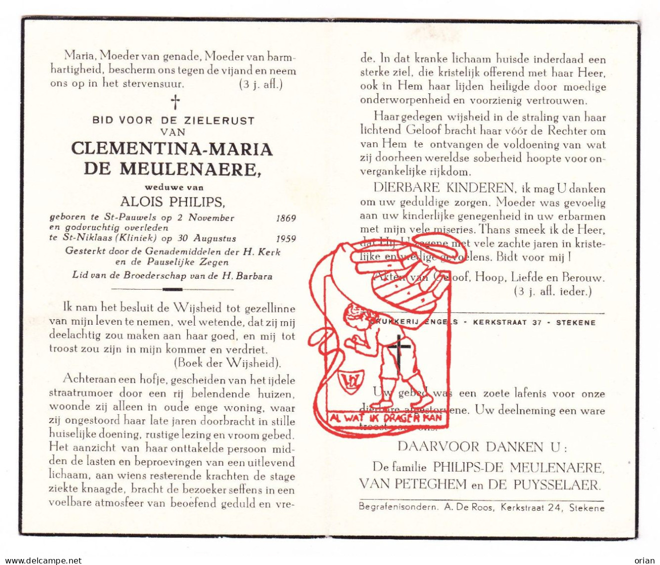 DP Clementina Maria De Meulenaere ° Sint-Pauwels Sint-Gillis-Waas 1869 † Sint-Niklaas 1959 Van Peteghem De Puysselaer - Images Religieuses