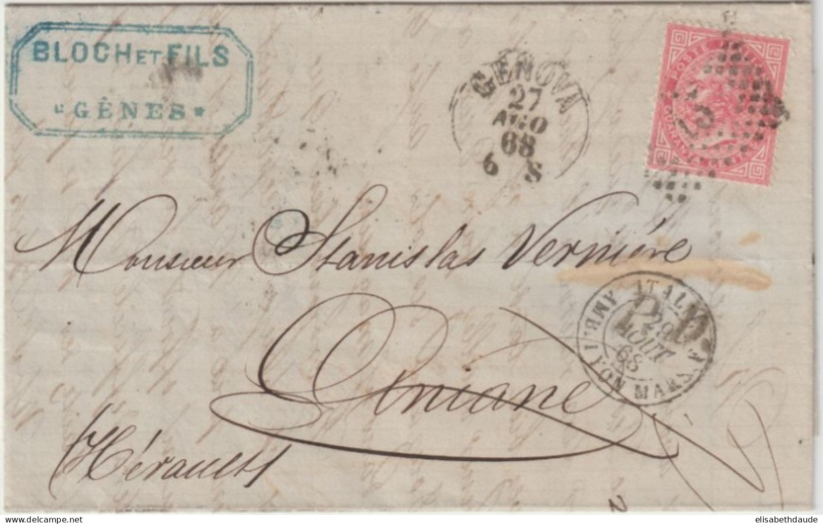 1868 - LETTRE De GENOVA - ENTREE AMBULANT ITALIE AMB.LYON MARS.F ! => ANIANE (HERAULT) - Entry Postmarks