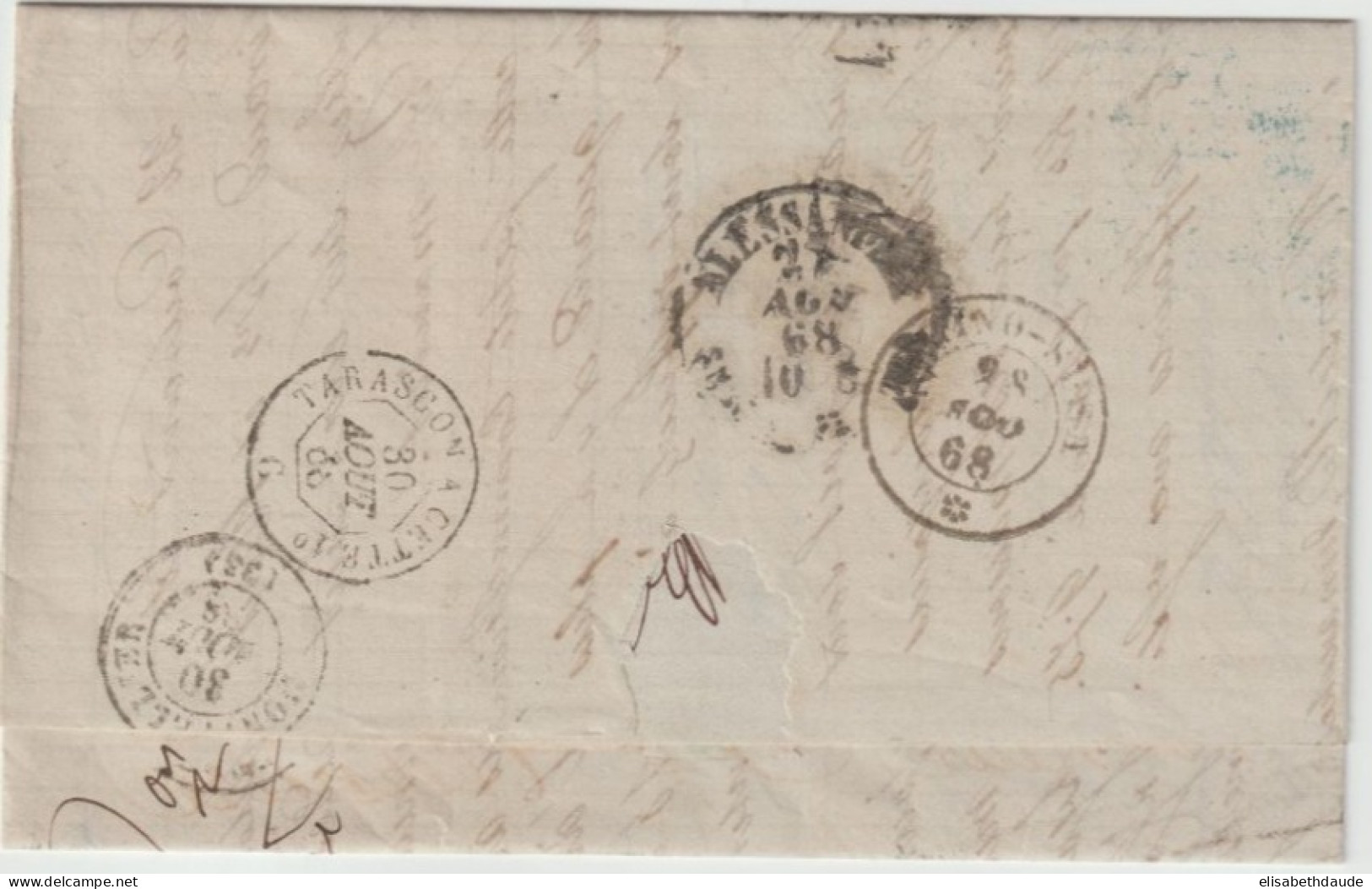 1868 - LETTRE De GENOVA - ENTREE AMBULANT ITALIE AMB.LYON MARS.F ! => ANIANE (HERAULT) - Entry Postmarks