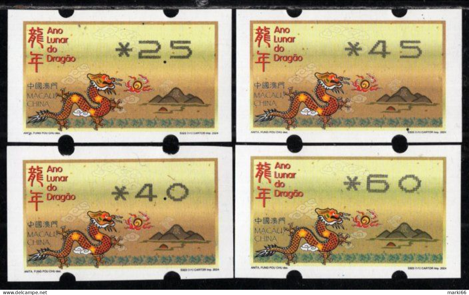 Macao - 2024 - Lunar New Year Of The Dragon - Mint ATM Stamp Set - Automatenmarken