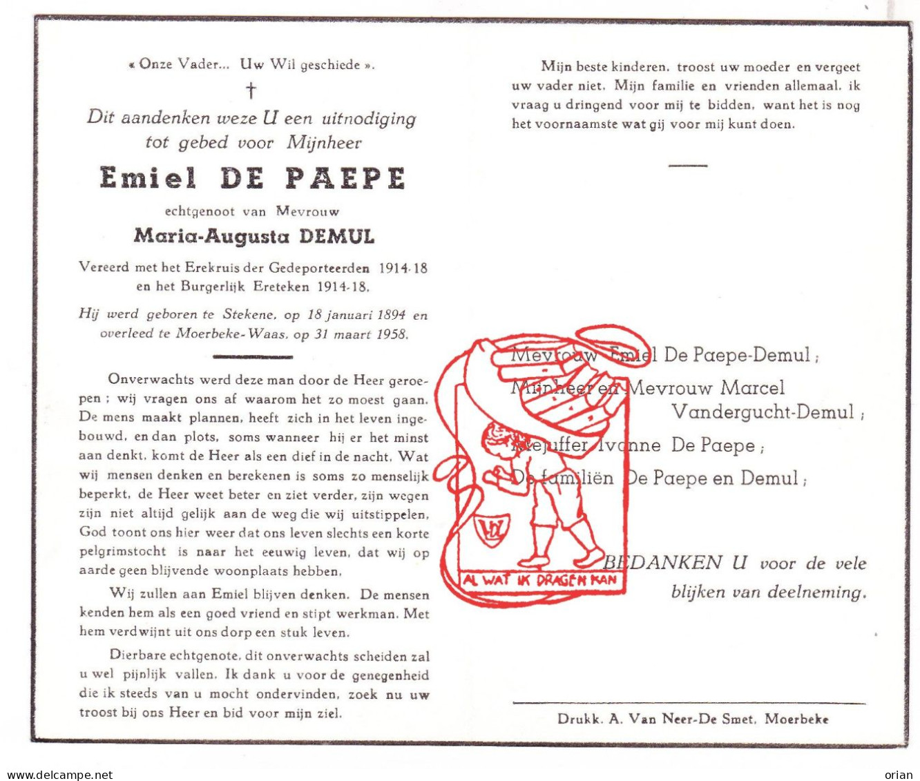 DP Emiel De Paepe ° Stekene 1894 † Moerbeke Waas 1958 X Maria Augusta Demul // Vandergucht - Images Religieuses