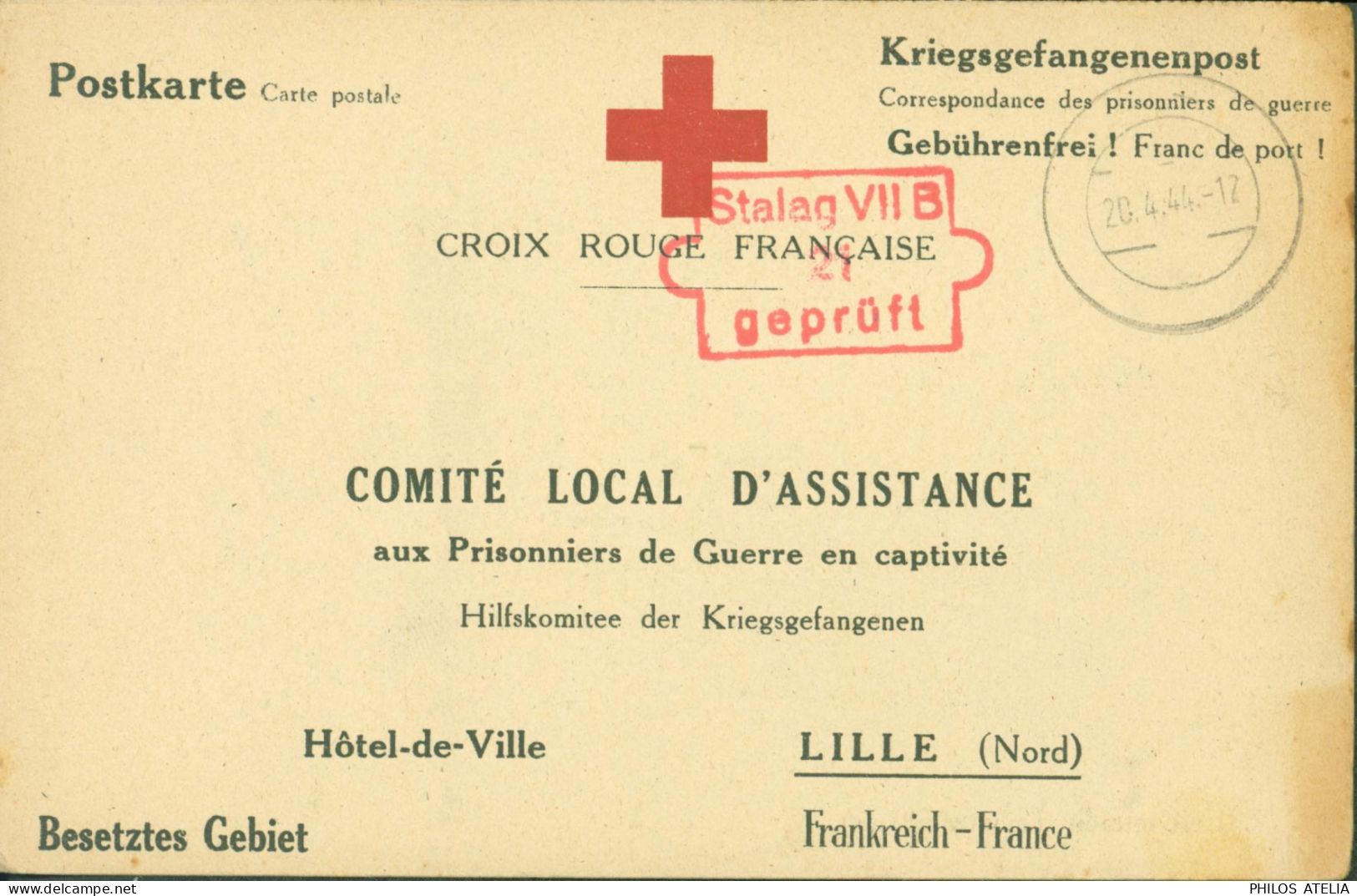 Guerre 40 Croix Rouge Française Comité Local D'assistance Prisonniers En Captivité Lille Censure Stalag VIIB Memmingen - WW II