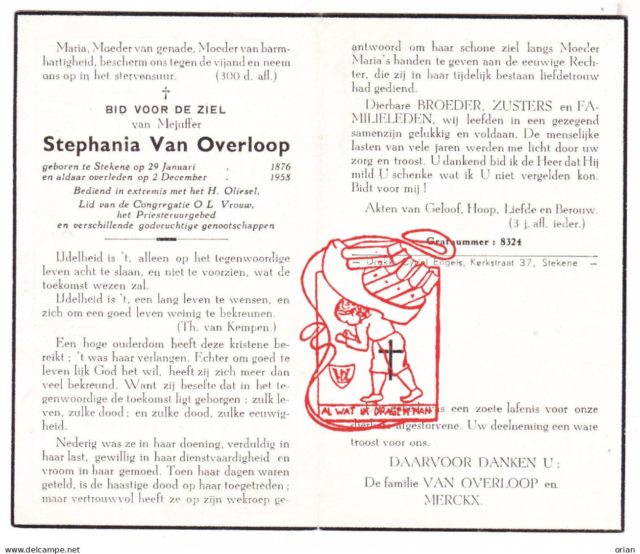 DP Juff. Stephanie Van Overloop / Merckx ° Stekene 1876 † 1958 - Devotion Images