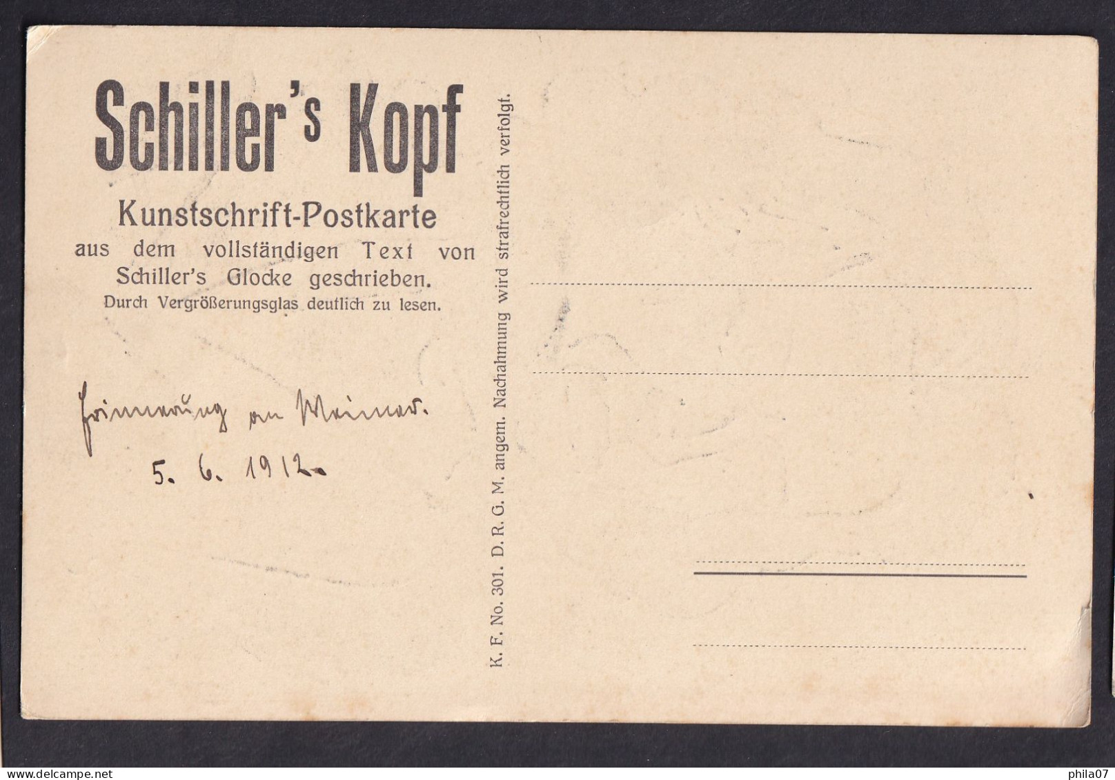 Schiller - Schiller's Kopf, Kunstschrift-Postkarte Aus Dem Vollstandigen Text Von ... / Postcard Not Circulated, 2 Scans - Writers