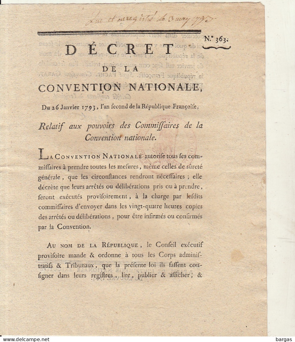 DECRET DE LA CONVENTION NATIONALE : Pouvoir Des Commissaires De La Convention Nationale - Decrees & Laws