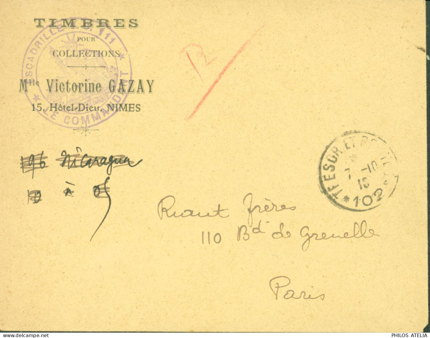 Guerre 14 Escadrille N°111 CAD Trésor Et Postes SP 102 7 10 16 Enveloppe Timbres Pour Collections Gazay Nîmes - Guerra Del 1914-18