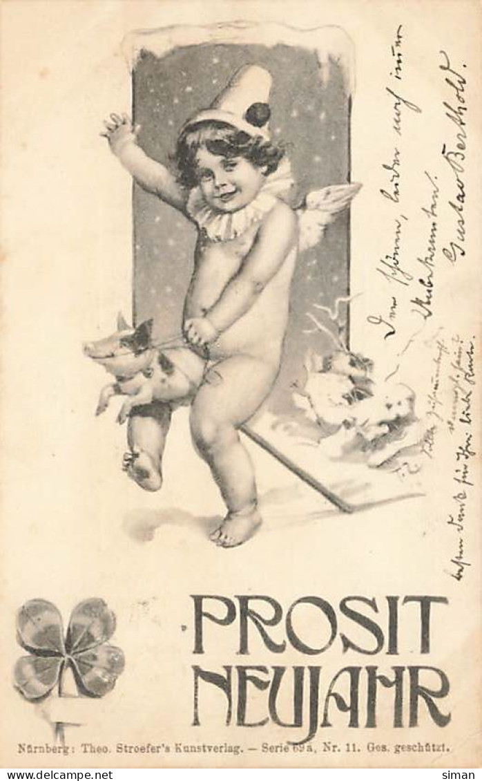 N°25062 - Nouvel An - Prosit Neujahr - Ange à Califourchon Sur Un Cochon En Jouet - Neujahr