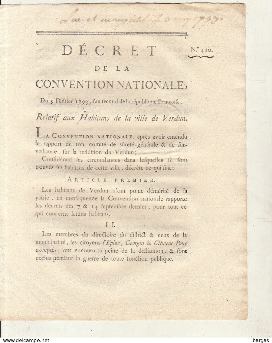DECRET DE LA CONVENTION NATIONALE : Relatif Aux Habitants De La Ville De Verdun - Décrets & Lois