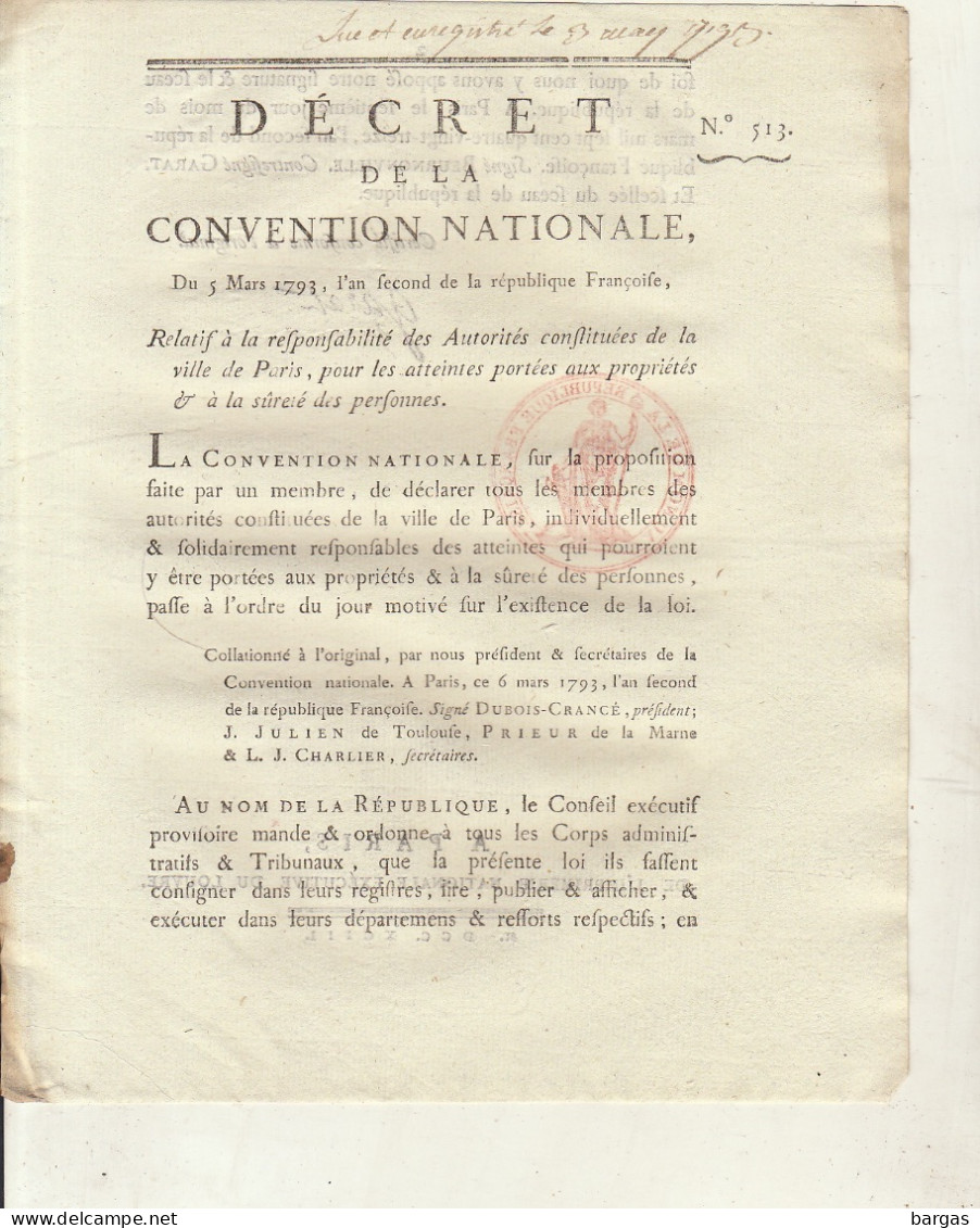 DECRET DE LA CONVENTION NATIONALE :atteintes Portées Aux Propriétés Et La Sureté Des Personnes Paris - Décrets & Lois