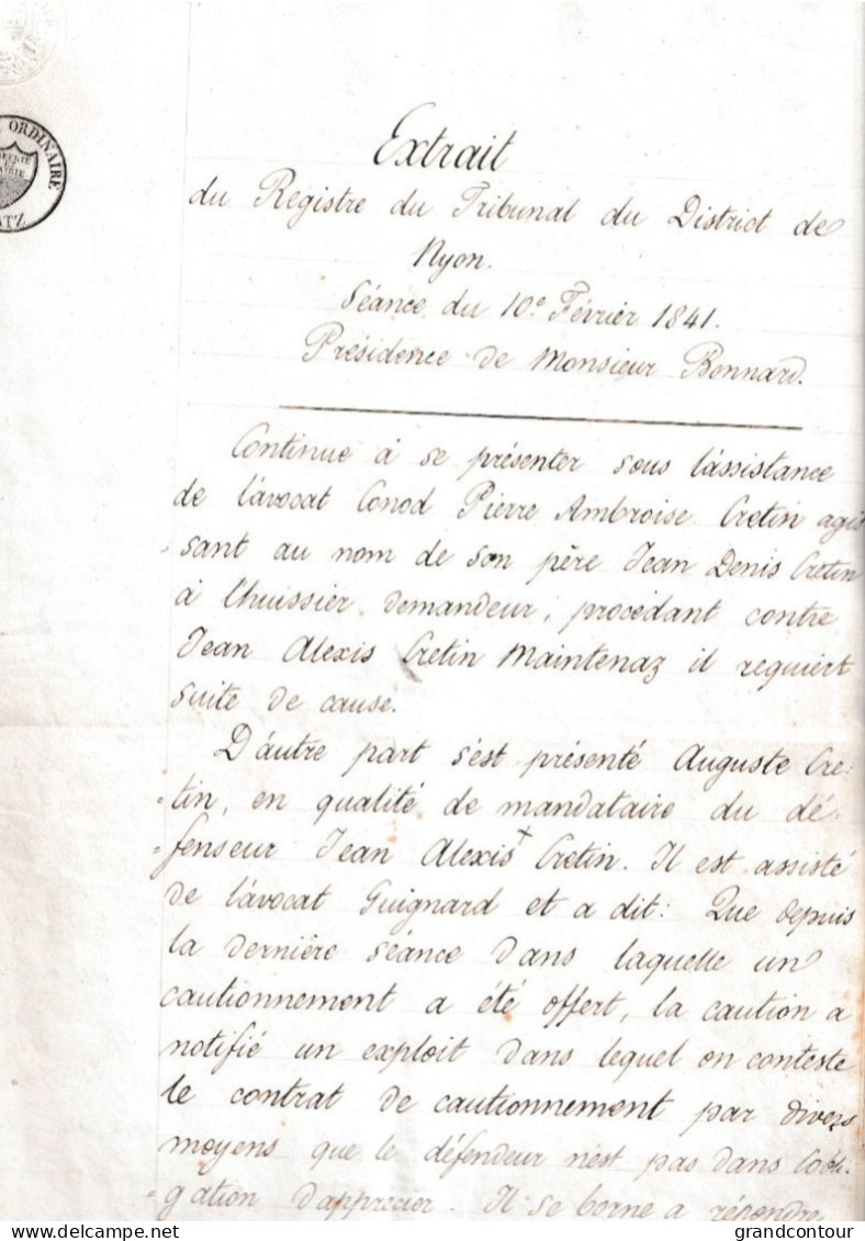 Rare Litige Entre Cretin A L Huissier Et Cretin Maintenaz Bois D Amont Canton De Vaud 1841 Famille Cretin Lacroix - Documents Historiques