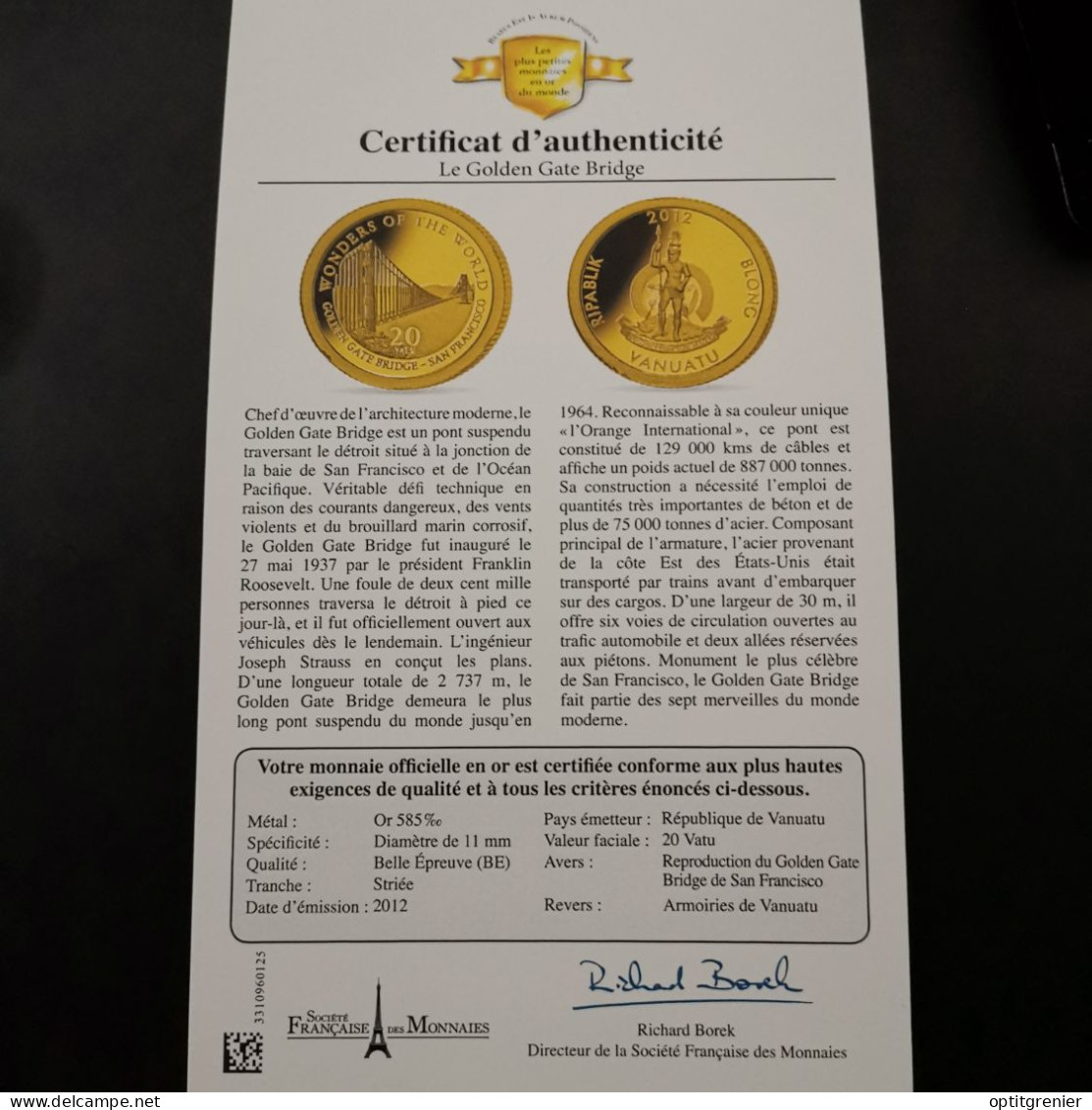 20 VATU OR 2012 BE LE GOLDEN GATE BRIDGE VANUATU / GOLD / 0.5g Or 585 + CERTIFICAT - Vanuatu