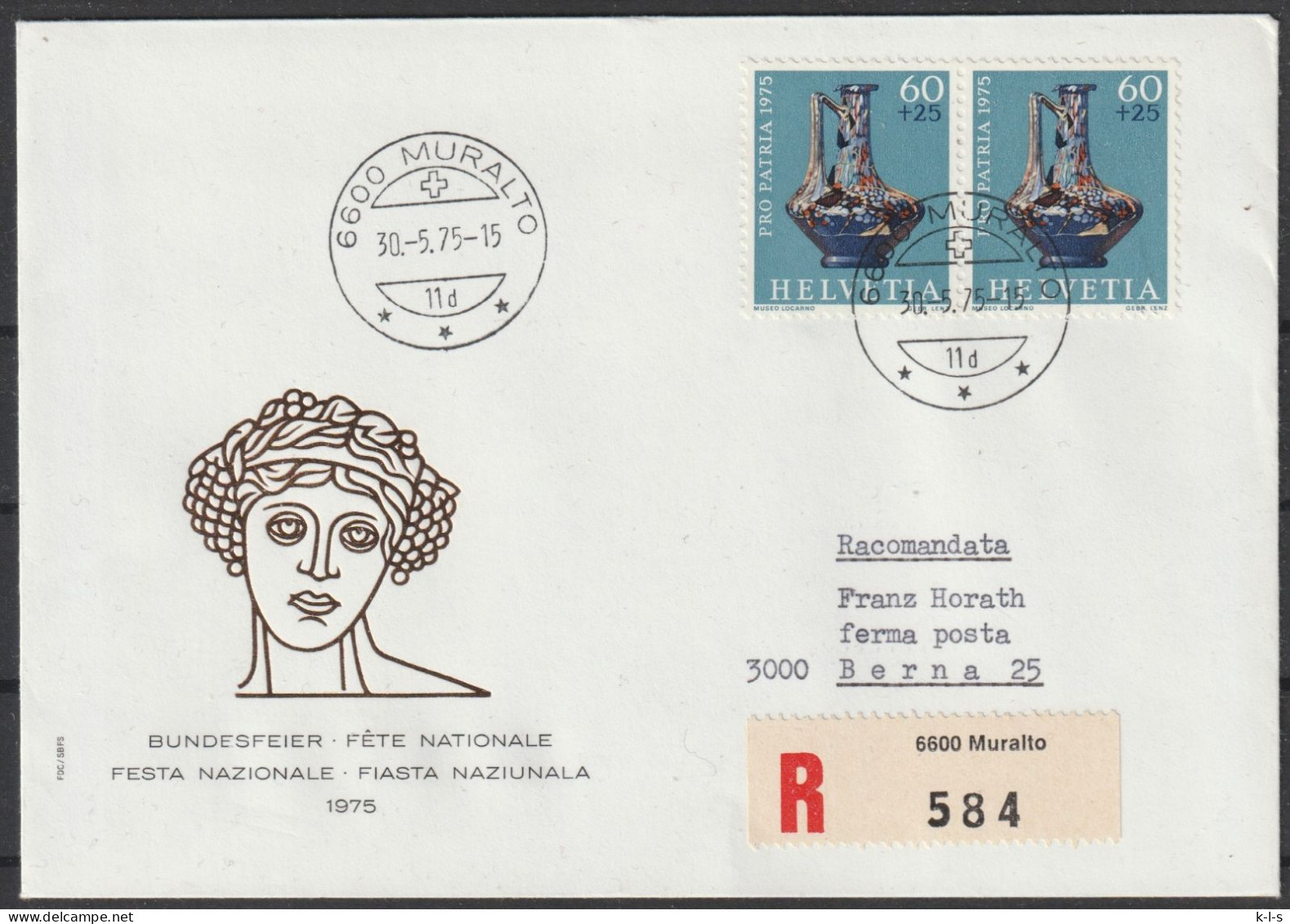 Schweiz: 1975, FDC R- Fernbrief In MeF, Mi. Nr. 1056, Archäologische Funde 60+20 C. Henkelglaskrug.  EStpl. MURALTO - Covers & Documents