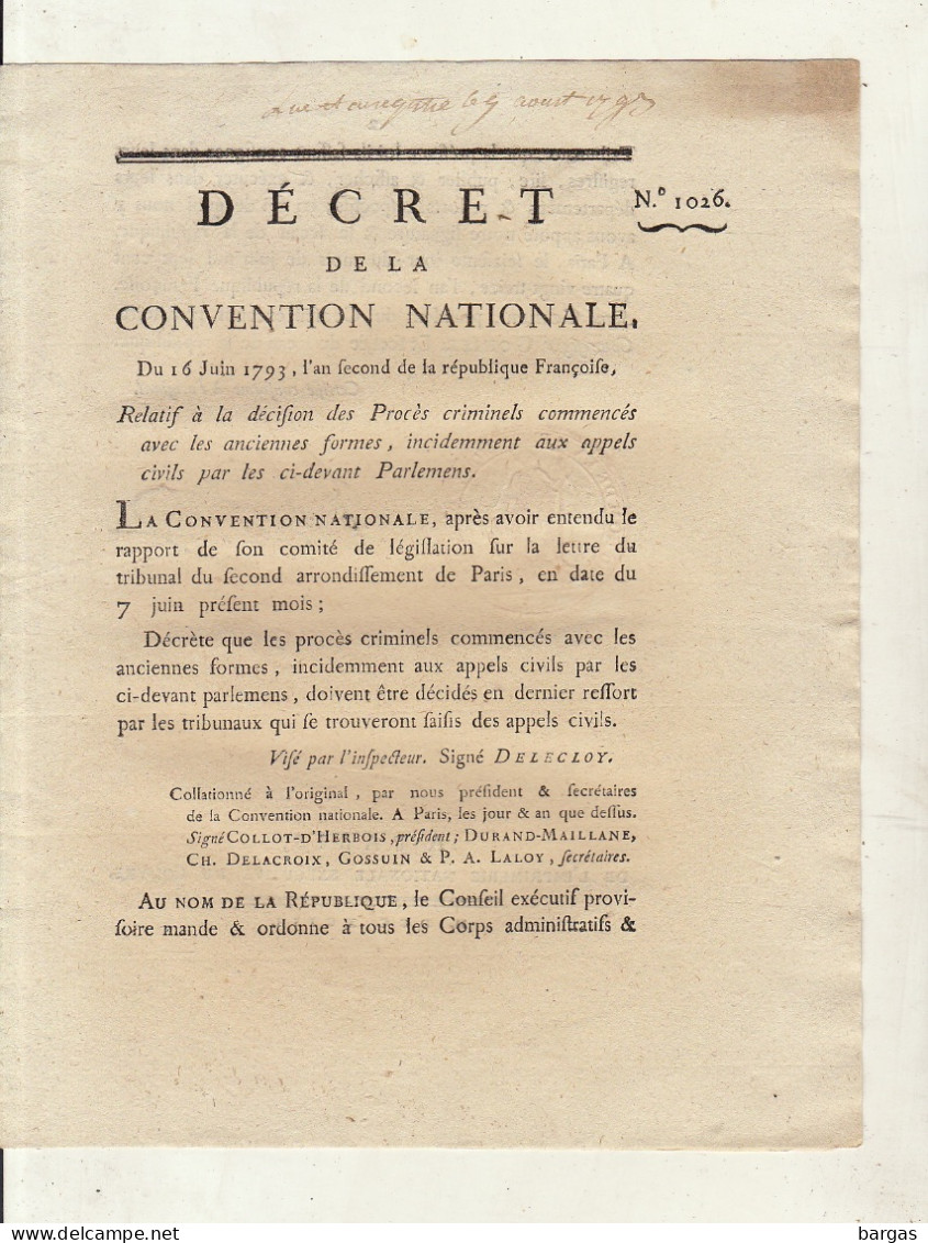 DECRET DE LA CONVENTION NATIONALE : Procès Criminels - Décrets & Lois