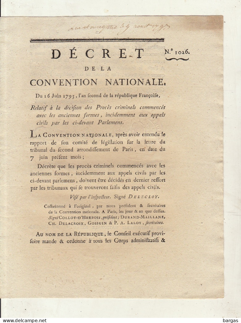 DECRET DE LA CONVENTION NATIONALE : Procès Criminels - Decrees & Laws