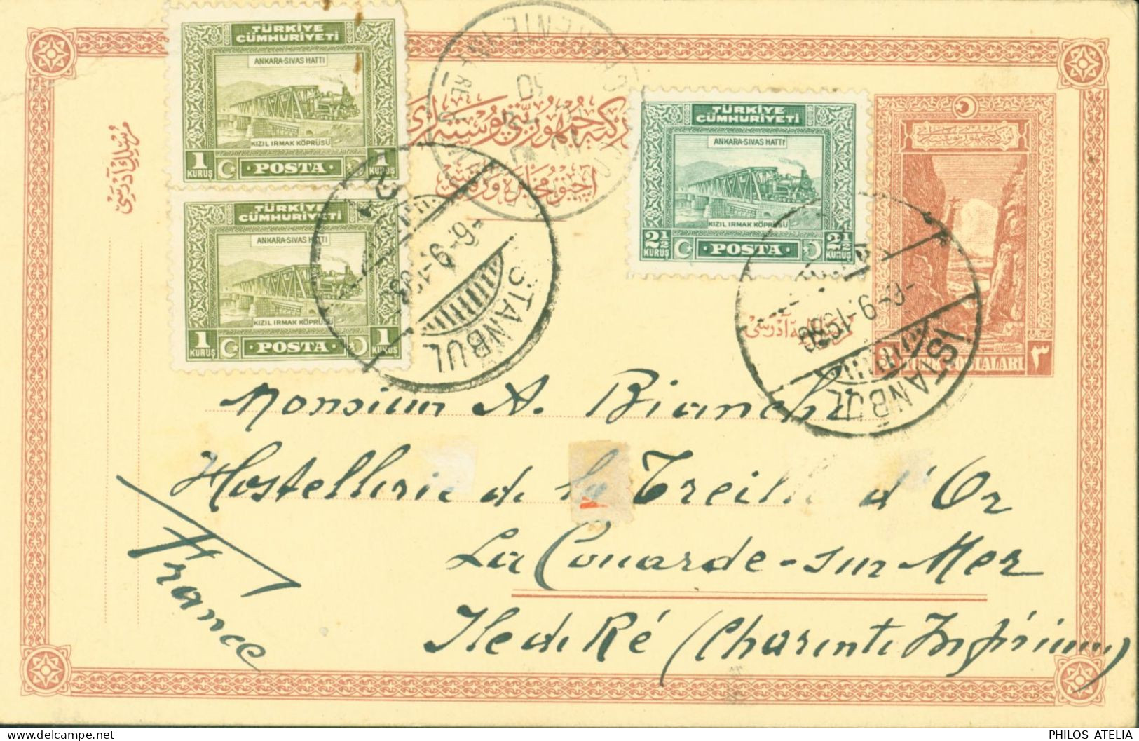 Turquie Entier 3p Défilé Sakaria YT N°745 + 752 X2 Pont Sur Kizilirmak CAD Istanbul 6 9 30 21 Pour L'ile De Ré - Postal Stationery