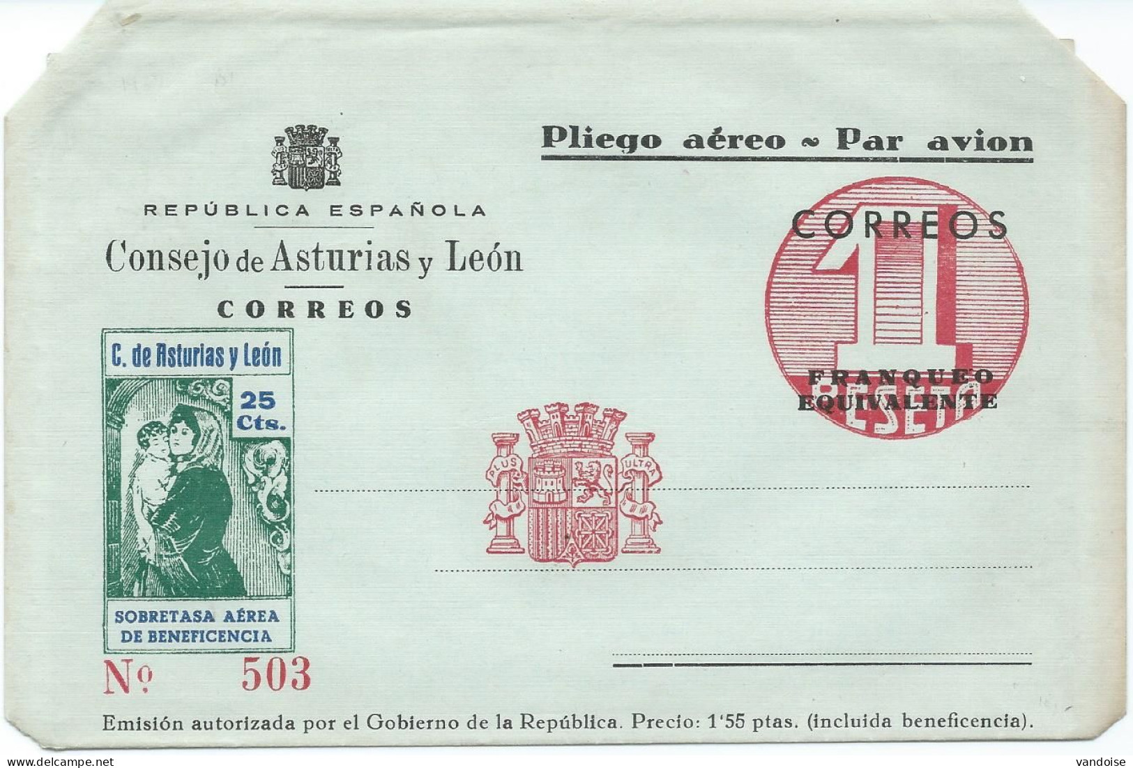 PLIEGO AERO CONSEJO DE ASTURIAS Y LEON SOBRETASA AEREA DE BENEFICENCIA - Asturien & Léon