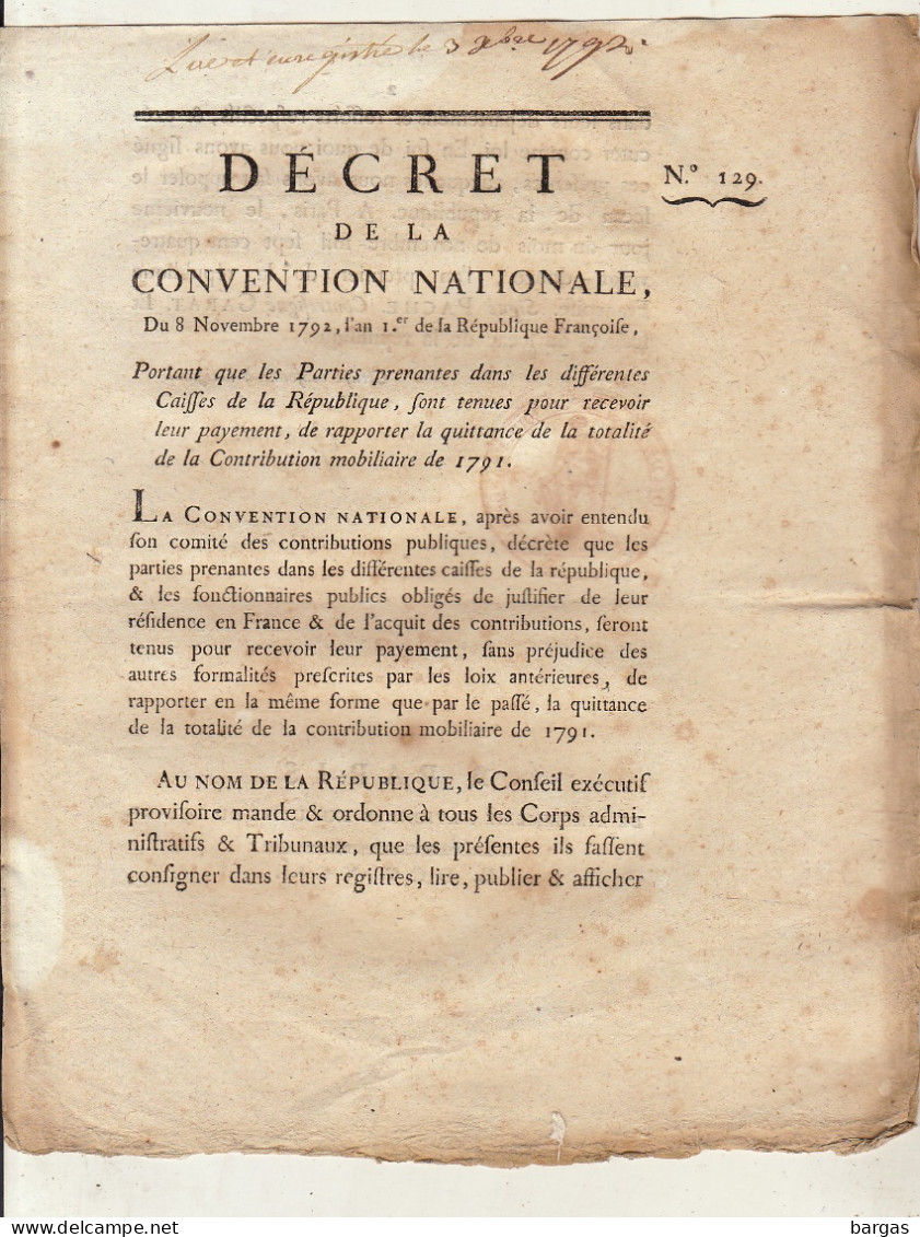 DECRET DE LA CONVENTION NATIONALE : Caisses De La République Contribution Mobiliaire - Décrets & Lois