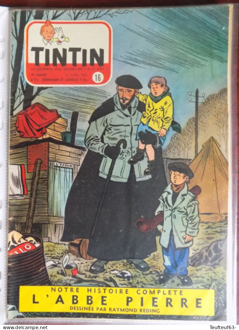 Tintin N° 16-1954 Couv. Reding " Abbé Pierre " - Pub Tintin Chromos Aviation - Tintin