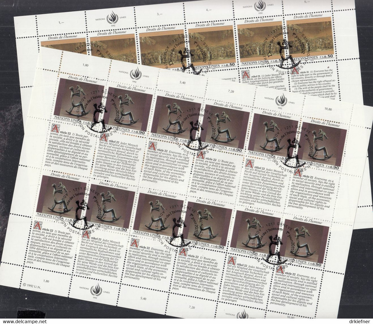 UNO  GENF  223-224, Zd-Bogensatz, Gestempelt, Allgemeine Erklärung Der Menschenrechte 1992 - Blocks & Sheetlets