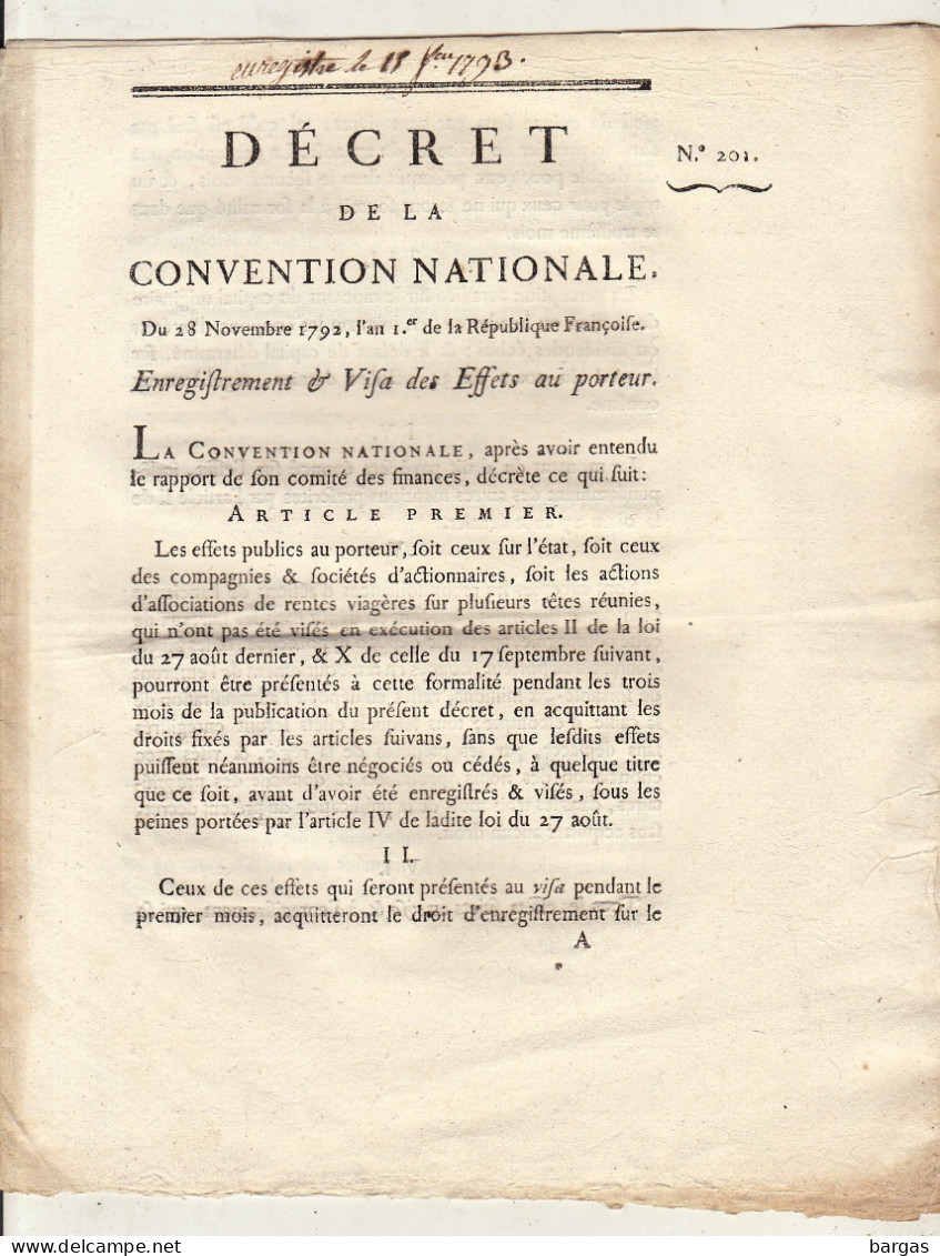 DECRET DE LA CONVENTION NATIONALE : Enregistrement  Visa Des Effets Au Porteur - Decrees & Laws